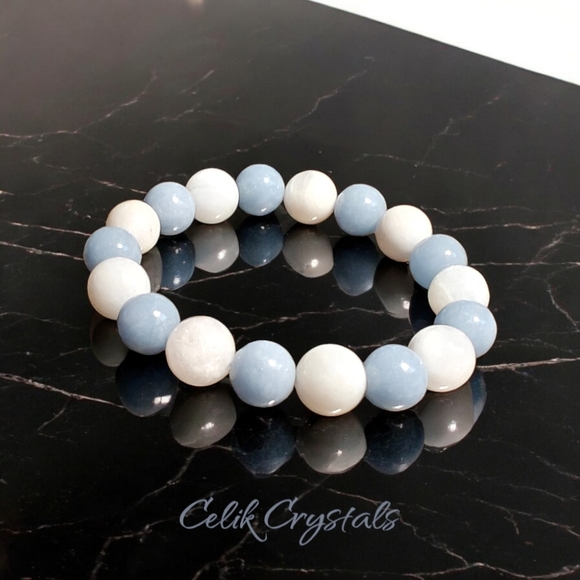 Angelite and Moonstone Healing Bracelet 10mm Natural Stones Stretches - Picture 2 of 7